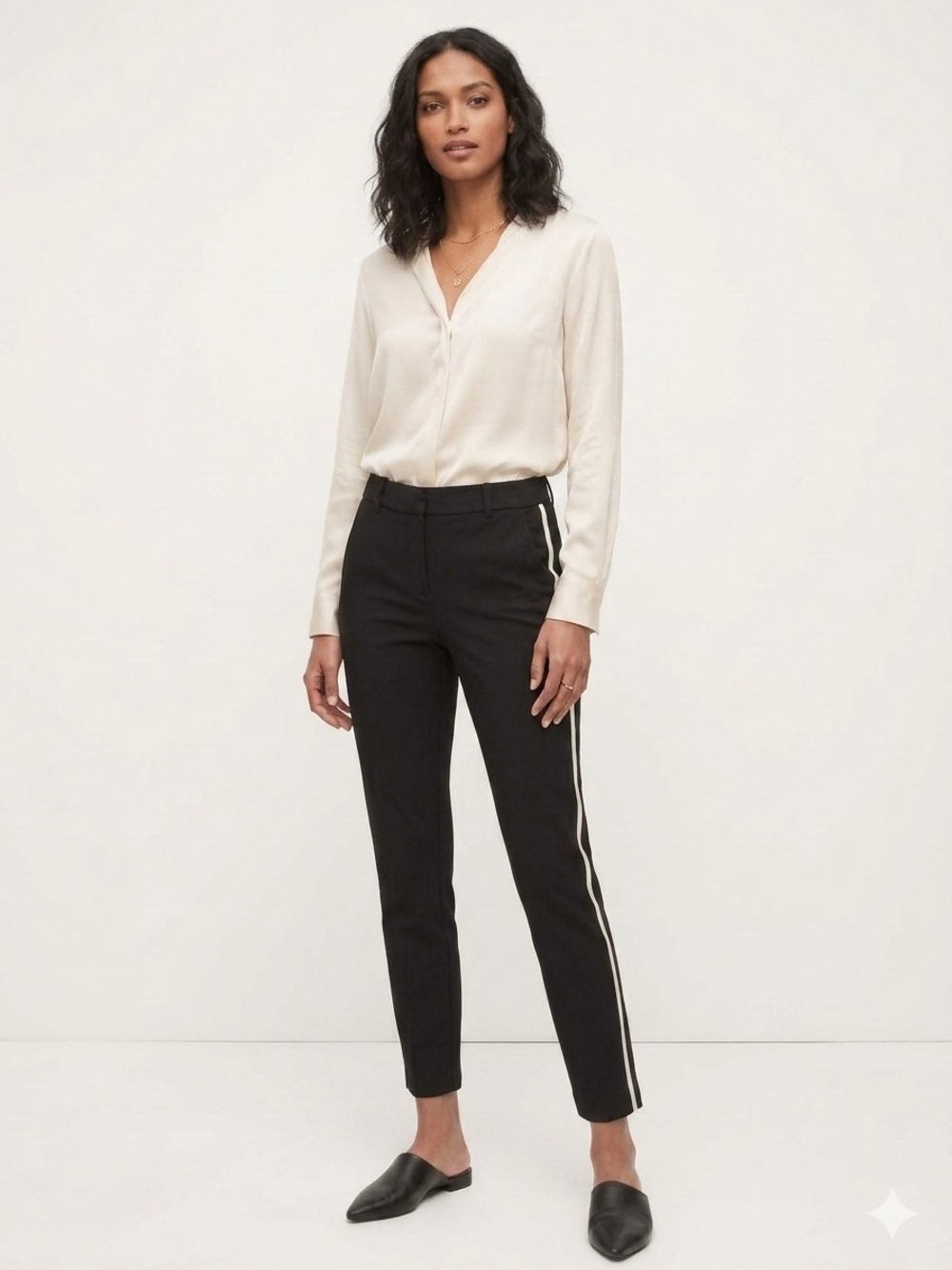 Slim Ankle Pants with Side Stripe - Black